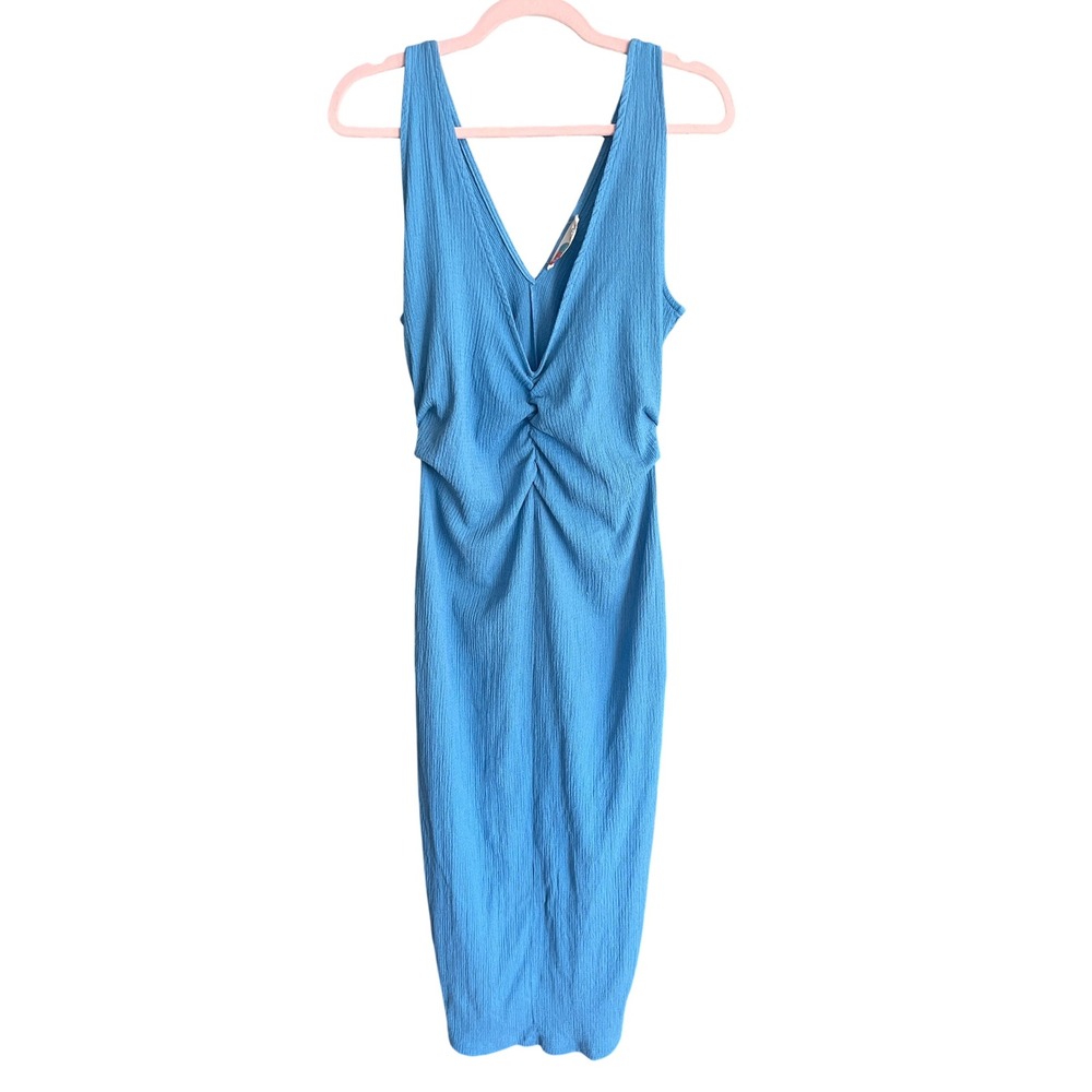 Free People Beach Blue Textured Crepe V-Neck Ruched Twist Front Midi Dress Large